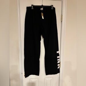 NWT Victorias Secret Fleece Heritage Sweatpants Size MED BLACK w/PINK Graphic